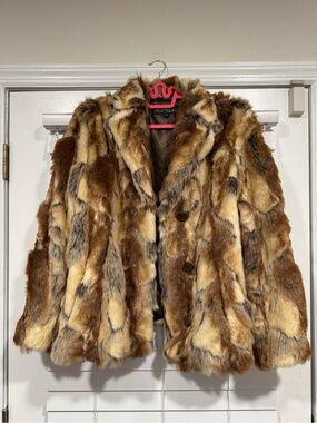 Faux Fur Patchwork Coat in Brown/Beige